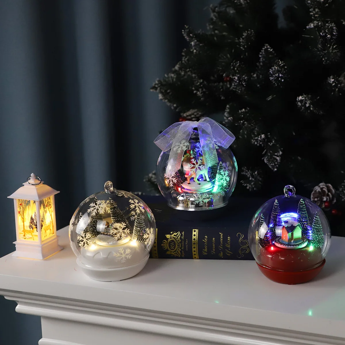 Rotating music led light up 12cm 13cm hanging glass xmas christmas tree decoration musical ball balls ornament set with lights