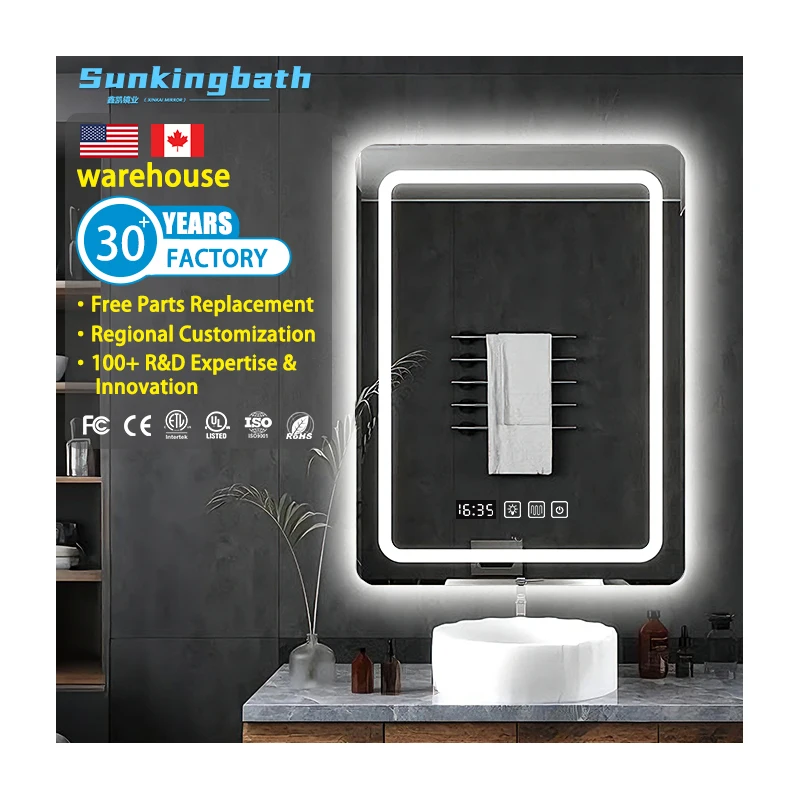 Modern Smart Led Mirror Touch Screen Control Hotel Vanity Square Bathroom Mirror With Light Decorative Espejo
