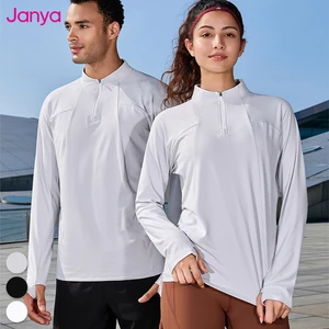 Janya 2026 New 2 Piece Minimum Order Custom Logo Sport Long-Sleeve Half Zip Stand Collar Thumb Hole Active Top Gym Tee Shirts