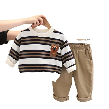 Boys Autumn Set Two Piece 2024 New Baby Striped Bear Clothing Children Spring and Autumn Set Wholesale