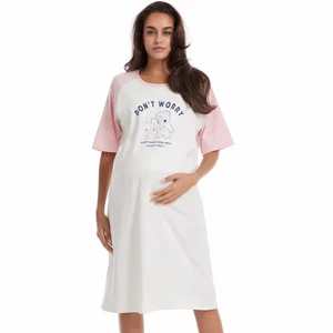 White and Pink Patchwork Print Breastfeeding Maternity Dress Short-Sleeved and for Spring & Autumn Seasons