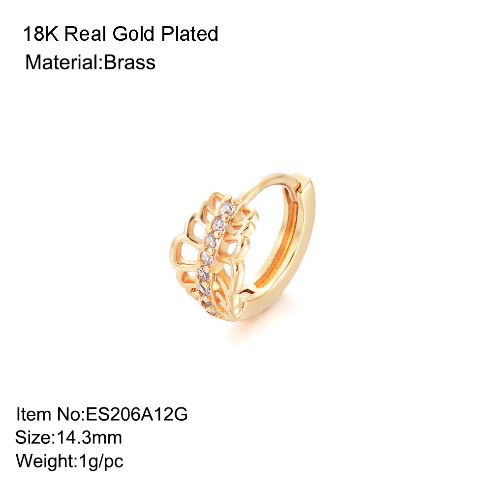 Trendy Zircon Pave 18k Gold Plated Brass Crown Hoop Earrings For Women