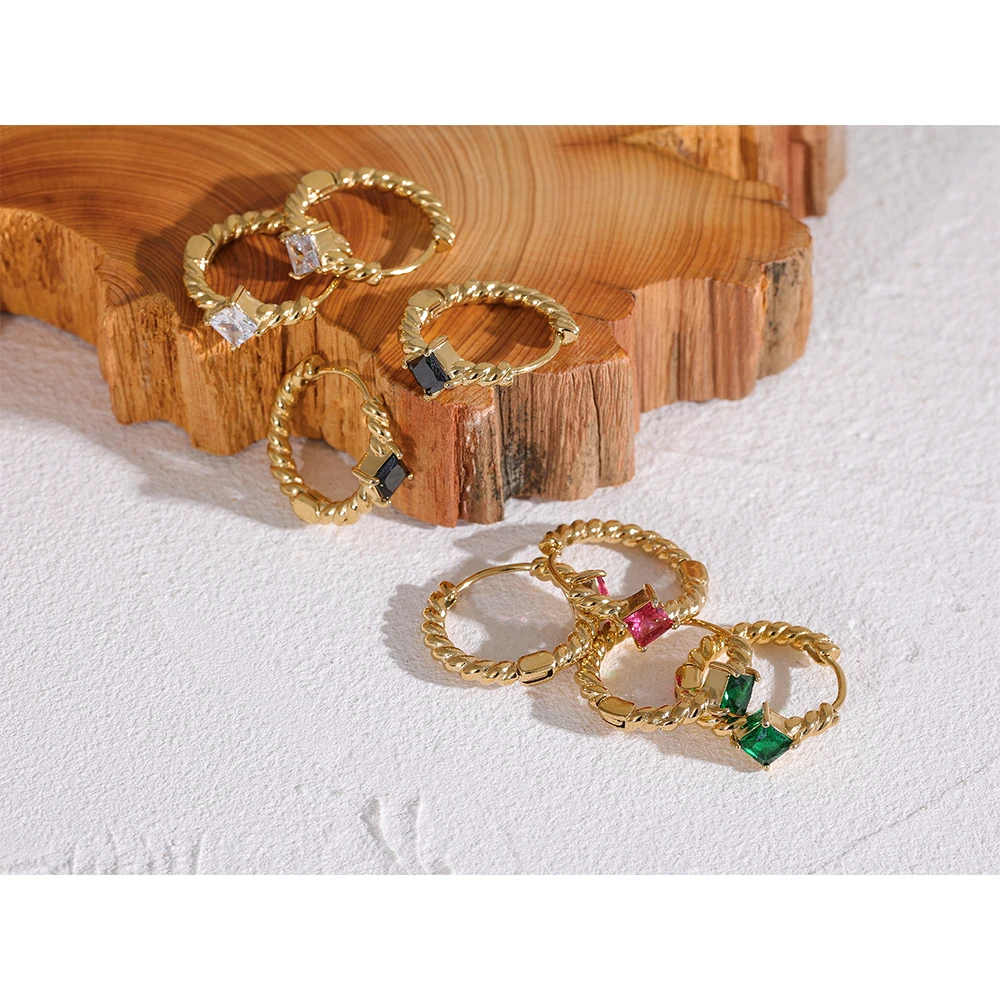 JINYOU 2107 Tarnish Free 4 Colors Fashion Trend Charm Round Geometric Jewelry 2025 Stainless Steel Green Zircon Hoop Earrings