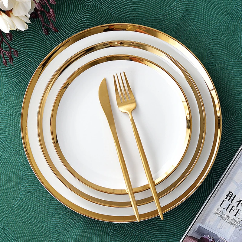 Luxury Gold Rim Dinnerware Set White Ceramic Nordic Porcelain Flat ...