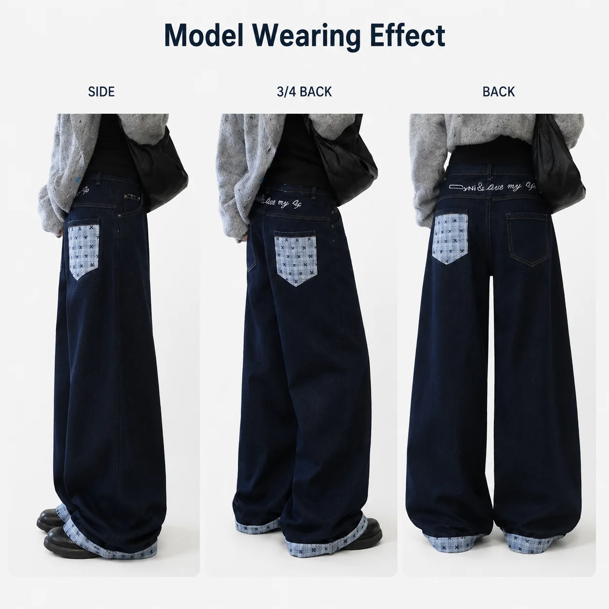 Design Bowknot Plaid Patchwork Denim Jeans for Women Spring Season Plus Size Loose Wide-leg Pants