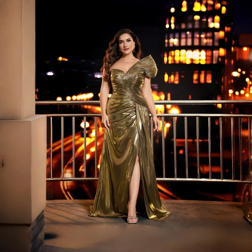 Luxury Gold Satin Empire Waist A-Line Maternity Lace Maxi Evening Dress for Ladies Elegant Pleated Direct From Manufacturers