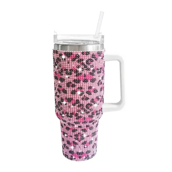 Deluxe 40 Oz Rhinestone Stainless Steel Tumbler With Handle and Straw Vacuum Insulated Bling Cup Made Rhinestones