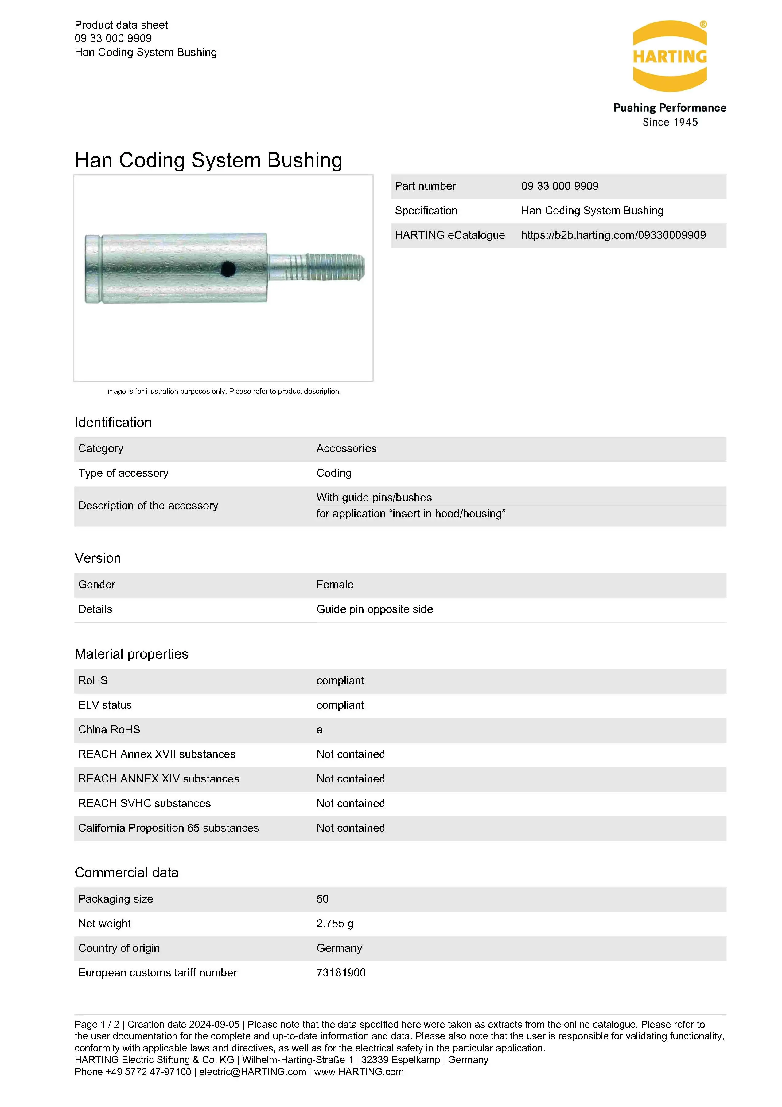 Han B Coding Harting 09330009909 Han CODING SYSTEM BUSHING - Reliable Performance