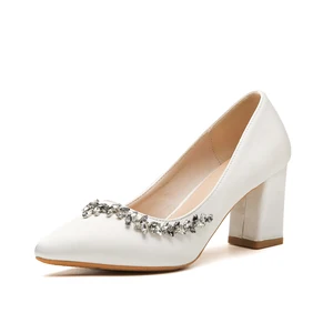 Classy Women's White Microfiber Square Heel Office Shoes Pumps with Rhinestone Accent Comfort 7cm Slip-On Summer Solid