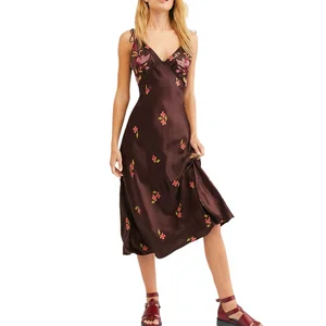 2026 Custom Fashion Lady Summer Wholesale tank Top Long Maxi Loose One Piece Clothes Women Sexy V Neck Floral Print Satin Dress