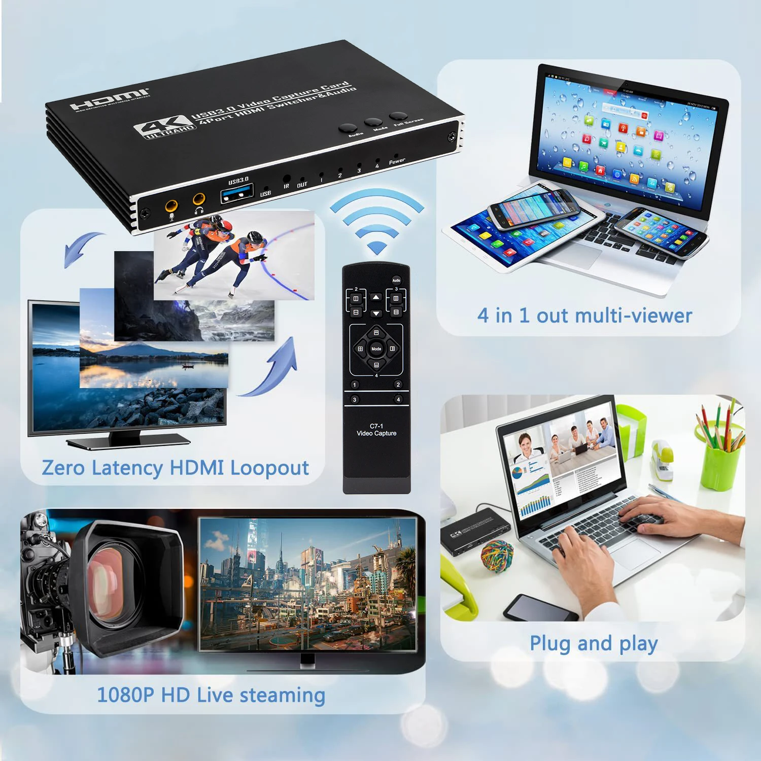 USB3.0 for HDMI 4-Channel Video Capture Card 4K Board for PS4 Live Streaming Broadcast Loop Out Audio & Video Accessory
