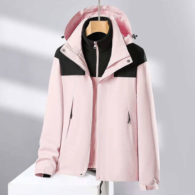 Three-in-one detachable waterproof and windproof outer shell, stand-up collar, zip closure, long winter coat with hood, outdoor hiking jacket.