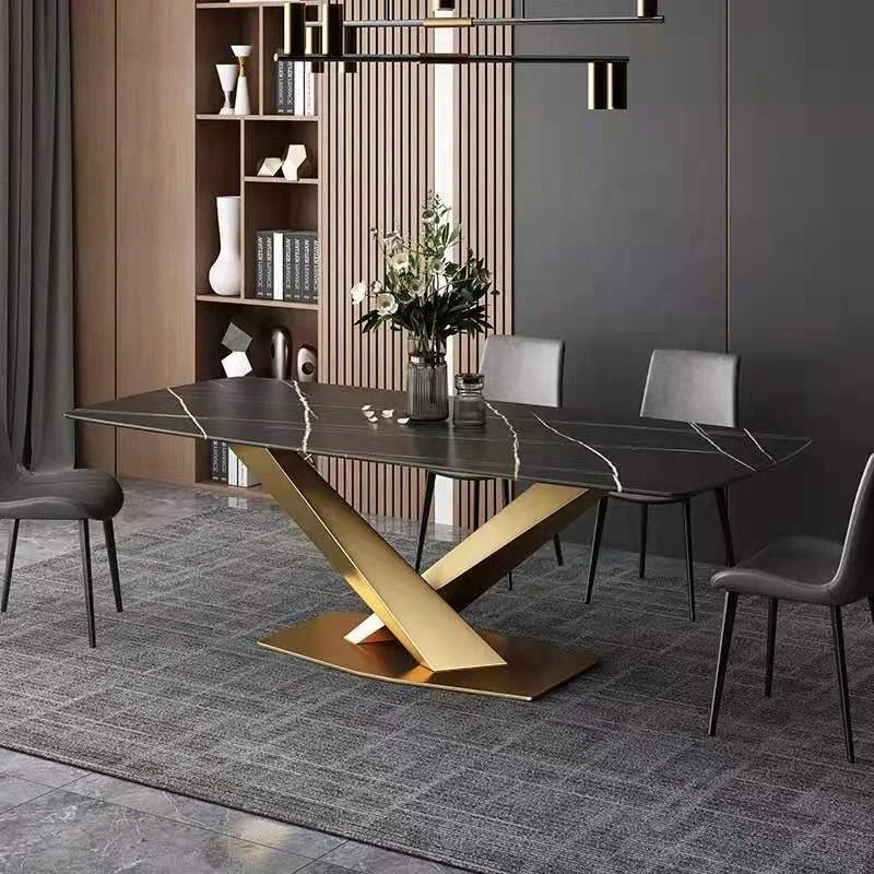 Luxury Dining Table Rectangular Shape Sintered Stone Marble Top Gold Stain Steel Stand Unique Design Restaurant Table