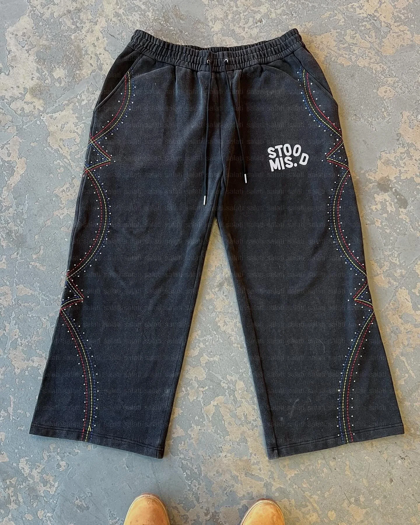 Custom Men Trackpants Jogger Track Straight Leg Baggy Embroidery Rhinestone Acid Wash Sweatpants Flared Sweat Pants With Pockets gallery 2