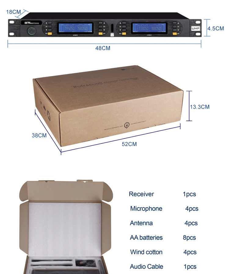 Microfono Wireless UHF A 4 Canali – Palmare Dinamico Con Display LCD, Senza Fili - Foto 5