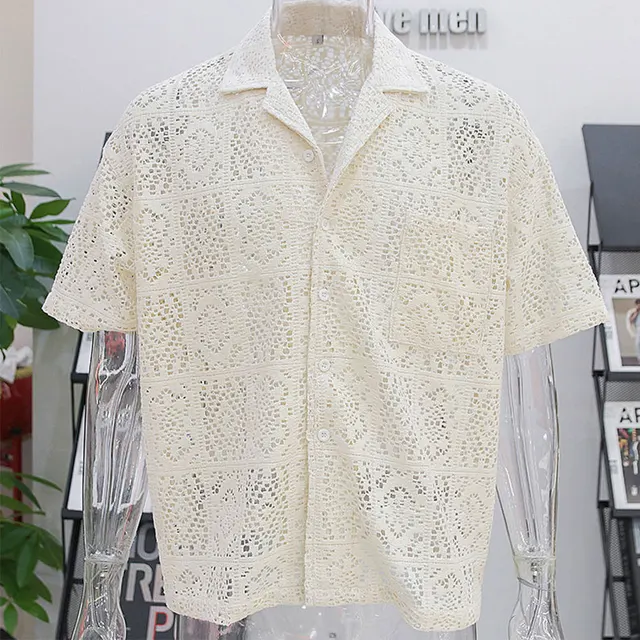 Casual Quality Knitted Crochet Shirt Custom Men's Satin Shirts Short Sleeves Crochet Knit Clothing Men