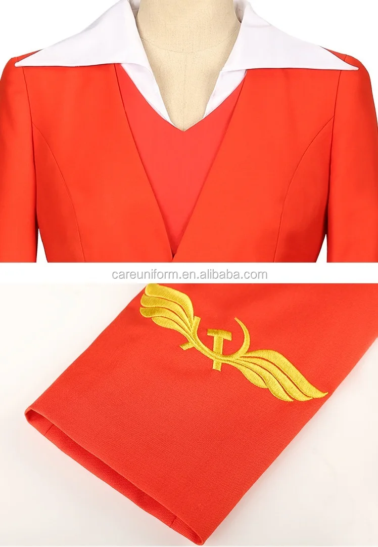 Flight Attendants Uniform Women Embroidered Hat Scarf Jacket Dress Suit Sexy Russian Airlines Stewardess Uniform