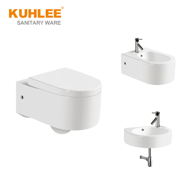 Three Piece Bathroom WC Sets Wall Hung Ceramic Toilet With Bidet And Basin Sanitary Ware Suites