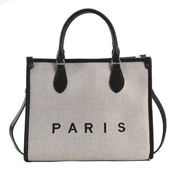 Trendy Shoulder Large Capacity Canvas Tote Bag With Rope Handle Embroidered Paris Designer Handbag For Women