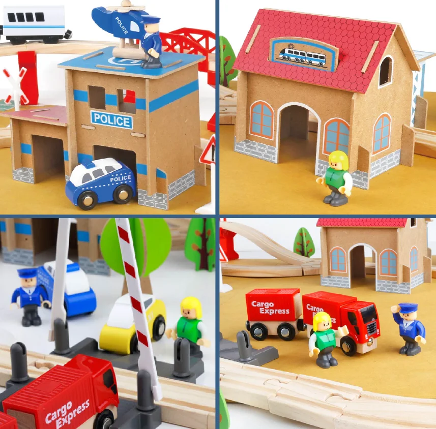 88pcs木製トレイントラックセットキッズ木製鉄道パズルスロット