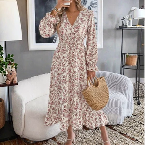 Women's Elegant Floral Cross V-Neck Waist Trimming Ruffles Long Dress for Spring Summer Autumn Casual Style Maxi XL Knitting