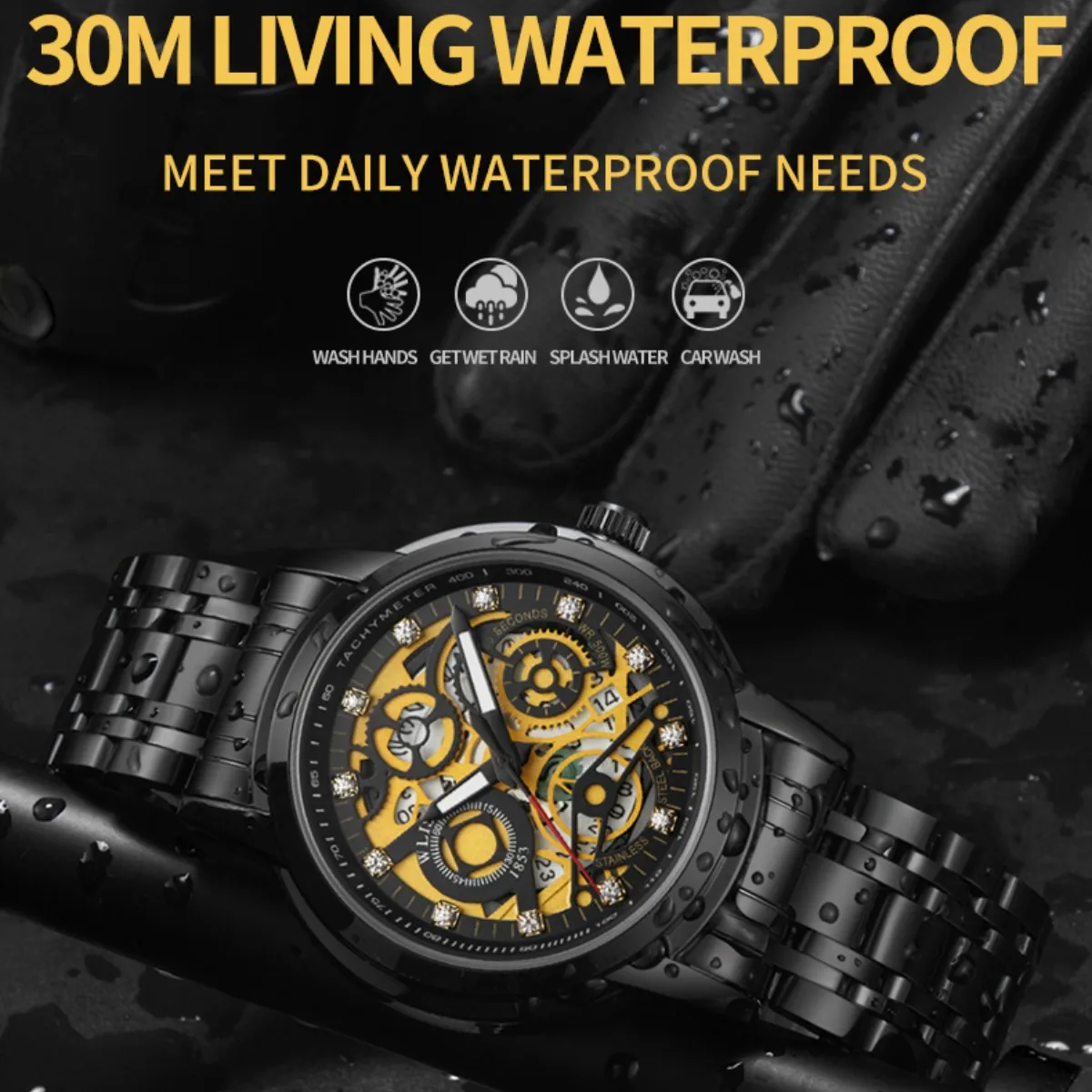 Wlisth S518 Quartz Auto Date Display Luminous Hands Diamonds Skeleton Style Men Pointer Analog Watches Original Wristwatches