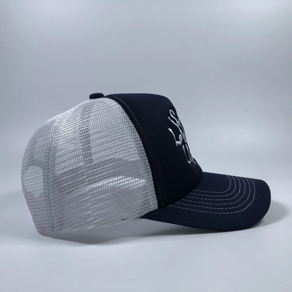 ODM High Quality Custom Embroidered logo for Unisex Sports Football Wear 5 Panel Sun protection Two Tone Foam Mesh Trucker Hats
