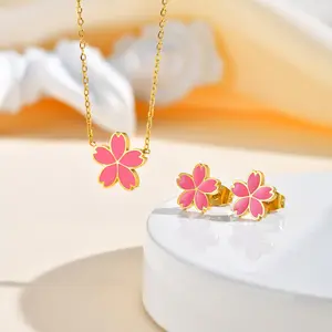 High Quality Kids Jewelry Cherry Blossom Gold Plated Stainless Steel  Jewelry Sets Flower Earrings and Necklace 2pcs Sets