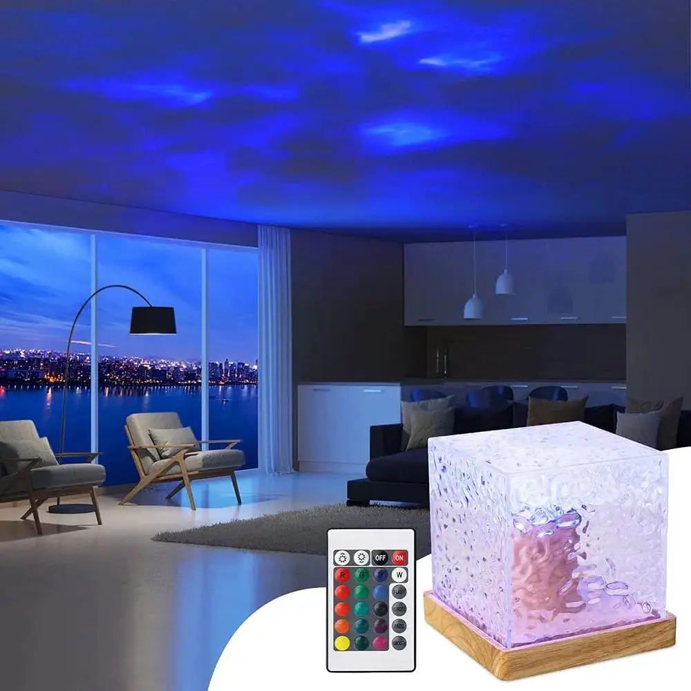 USB Projector Cube Remote Control 16 Colors Ocean Wave Sensory Light 30 Lighting Modes Wave Lamp for Bedroom