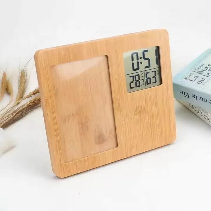 Bamboo Lcd Digital Desk Alarm Clock Wireless Charger Wooden Electronic Table Clock with Temperature Humidity