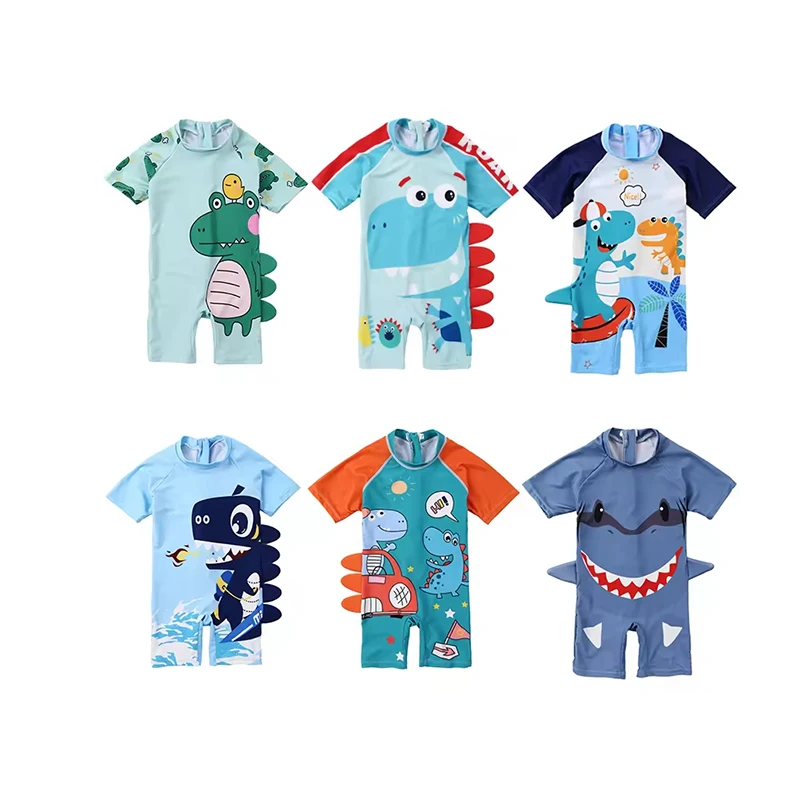 New upf50+ Cute shark dinosaur Cartoon zipper polyester Children's baby One-piece Boys Swimsuit Quick-drying Kid Swimwear details