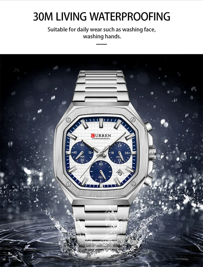 CURREN 8459 Men's Stainless Steel Chronograph Watch with Luminous Hands and  Classic Sport Style - Quartz, Water Resistant, 39mm Dial