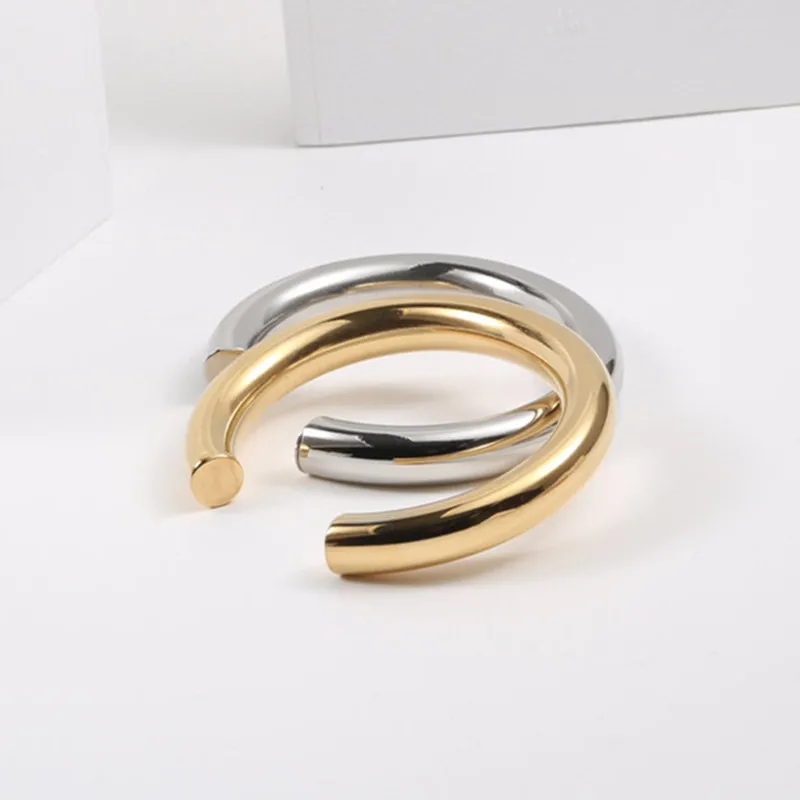 Wholesale Custom Logo Polished Jewelry Women 18K Gold Plated Stainless Steel C Shaped Open Bracelets Bangle