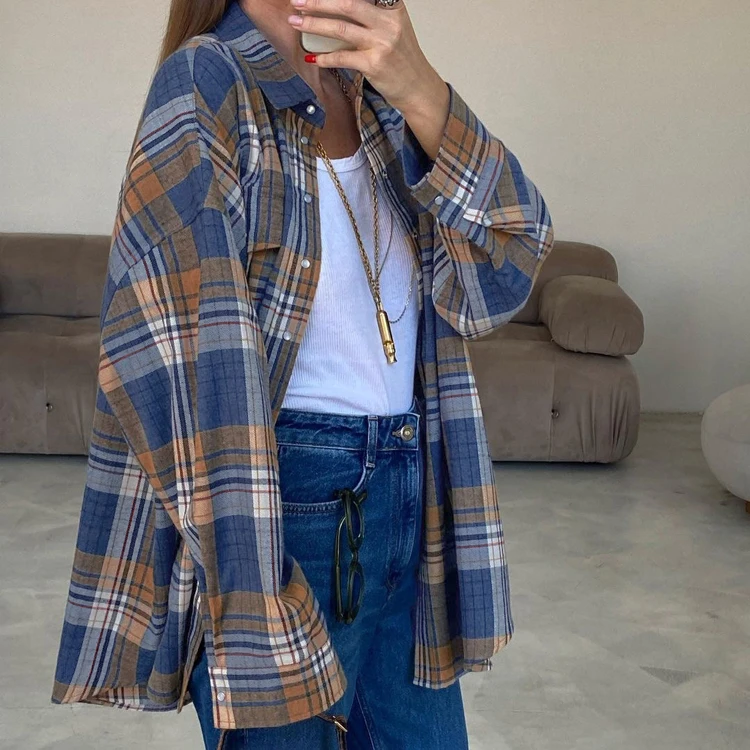 Quality Clothing Manufacturer Autumn Fall Fashionable Tops Casual Button  Down Long Sleeve Women's Plaid Shirt