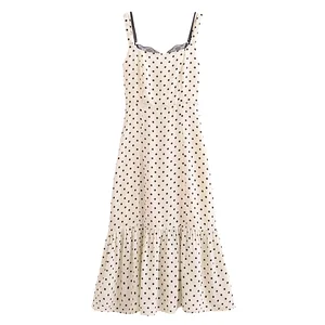 Vintage Style Polka Dot Print Beige Ladies Summer Lace Long Dress  Breathable Midi Strap Dresses Women Custom