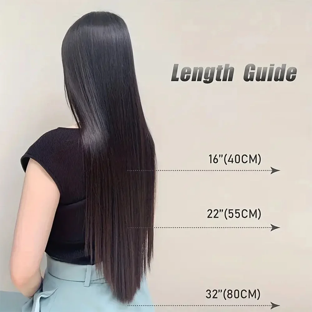 Clip in Human Hair Extensions One-Piece Invisible Fishing Line Wire 4-Clips Remy Natural Black 1B_voghion.com