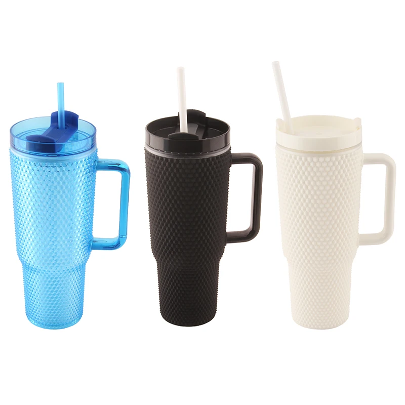 New Design Plastic Double Wall Tumbler With Handle Big Capacity Coffee Cup Mug With Straw Reusable BPA Free