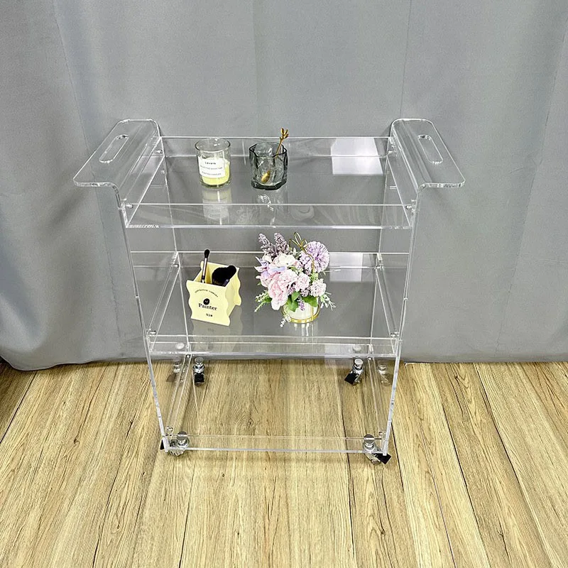 Customized Modern Design Clear Acrylic 2-Shelf Rolling Bar Cart Square Lucite Trolley for Dining Living Room Hotel Kitchen Use