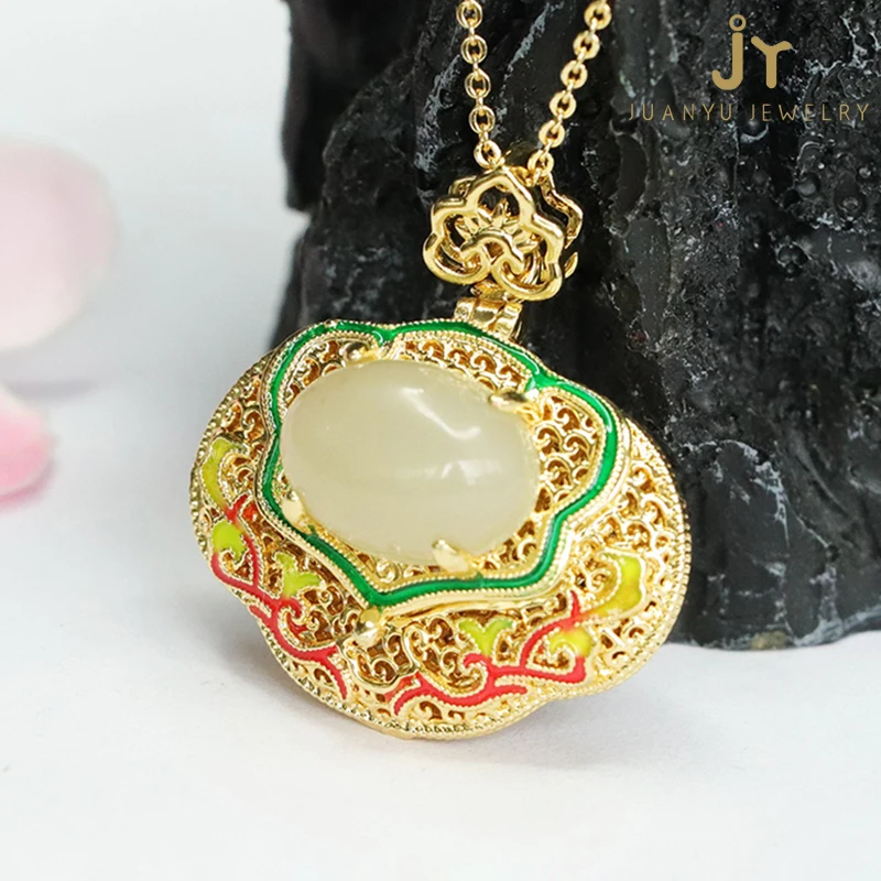 Enamel Natural Stone Choker Necklace Vintage Hetian Jade Pendants Chinese  Style Ruyi Shape Gold Plated Pendants Necklace