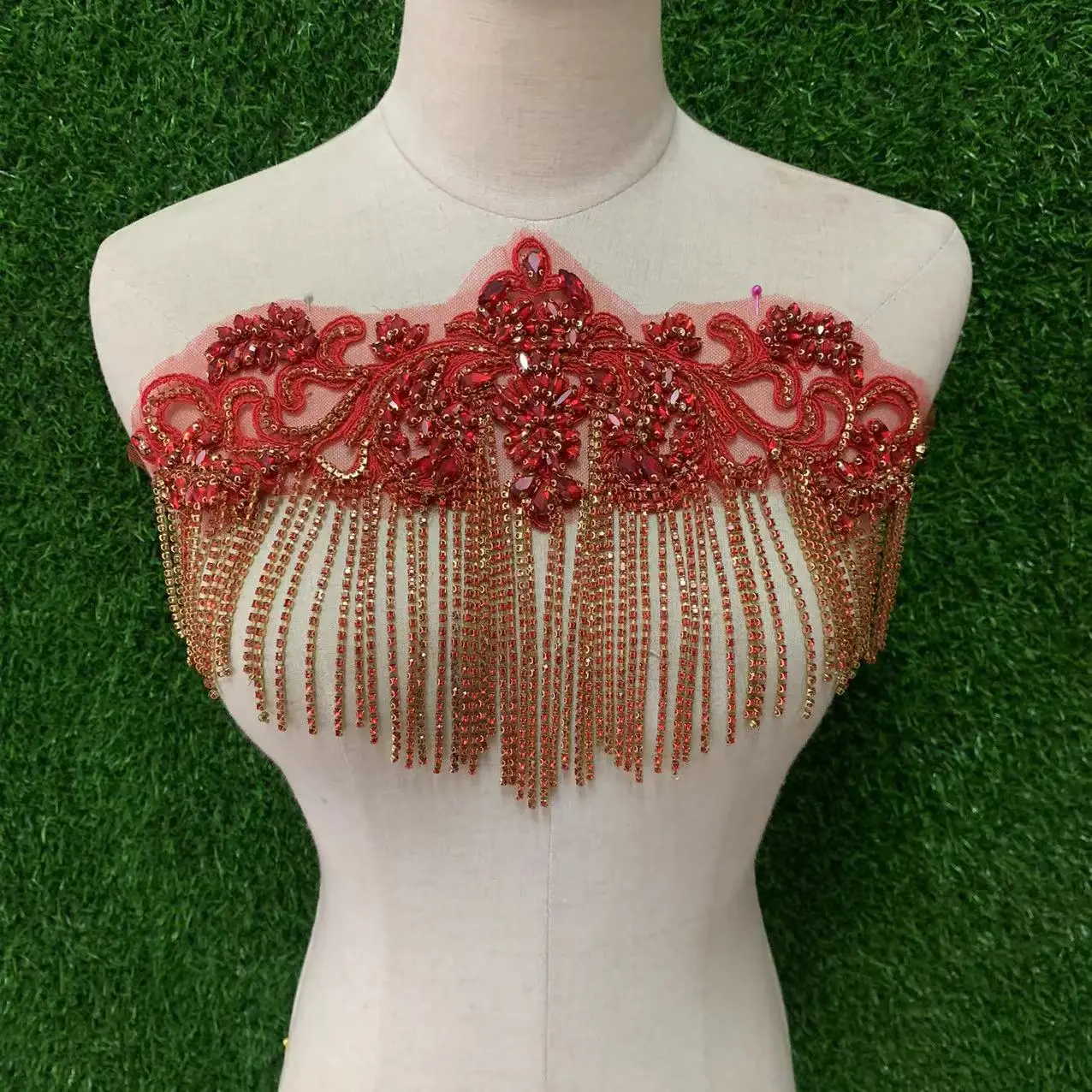 Red Rhinestone Lace Applique - Crystal Tassels for Bridal