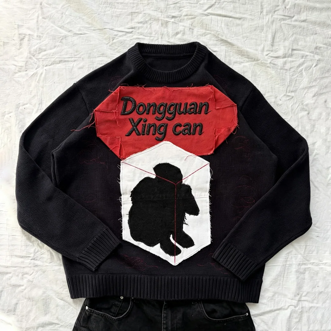 Swaar geborselde katoen kort crewneck, lap- en 3D-borduurwerk vintage gewas mans kort oorgroot straatklere sweatshirt