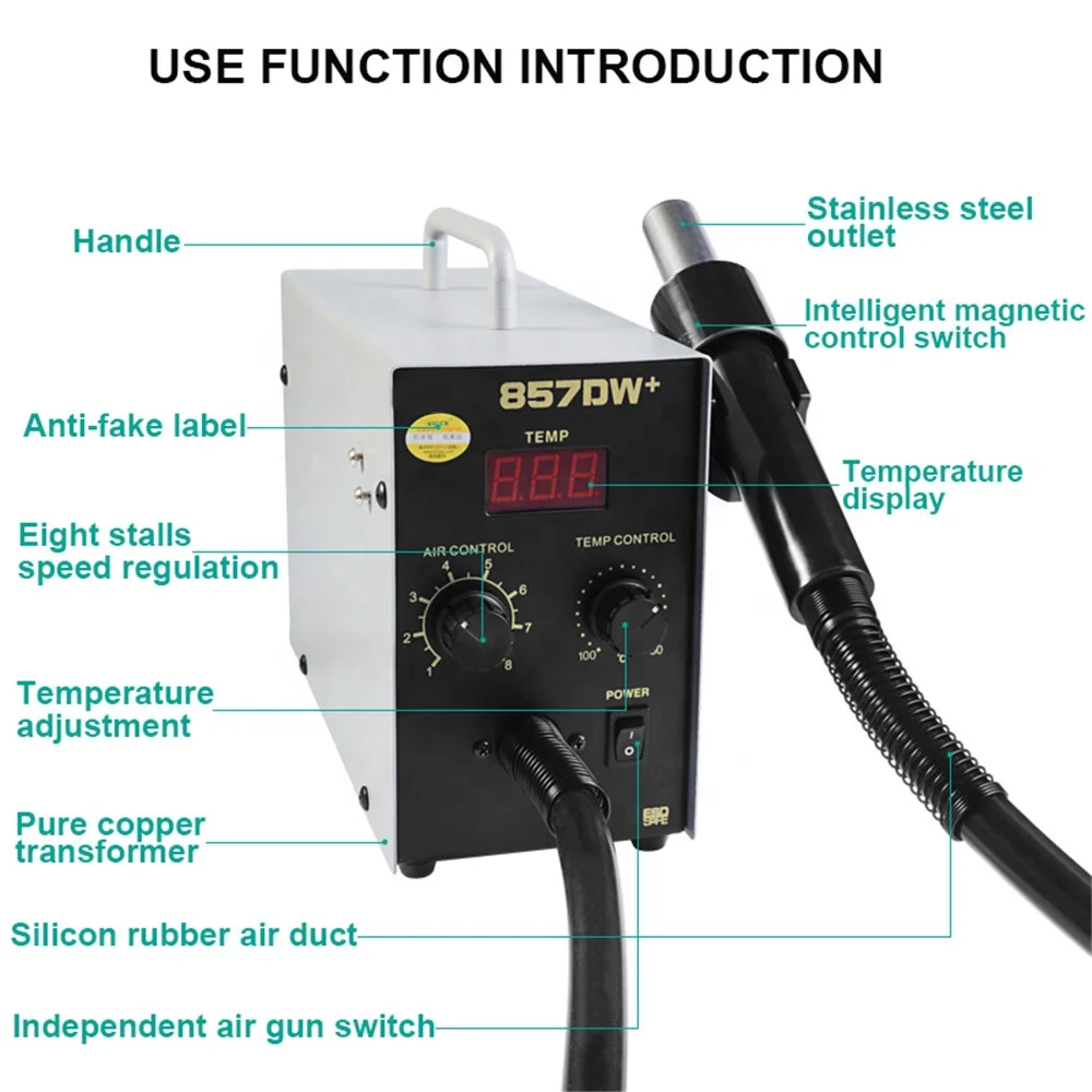 Original Quick 857DW+ Soldering Station Hot Air Gun 580W Heater Helical SMD Desoldering Hot Rework Station