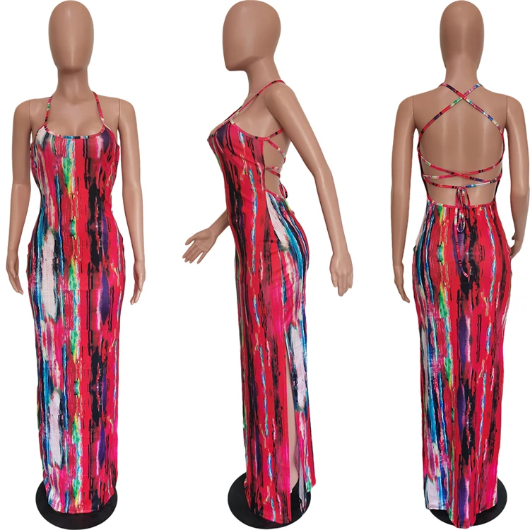 2021 Fashion Female Maxi Strap Dress Backless Tie Dye Summer Women Party Long Tight Dresses