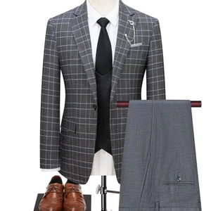 OEM & ODM Men's Korean-Style Plaid Slim-Fit Dress Suit Single Breasted Formal Wear for Grooms