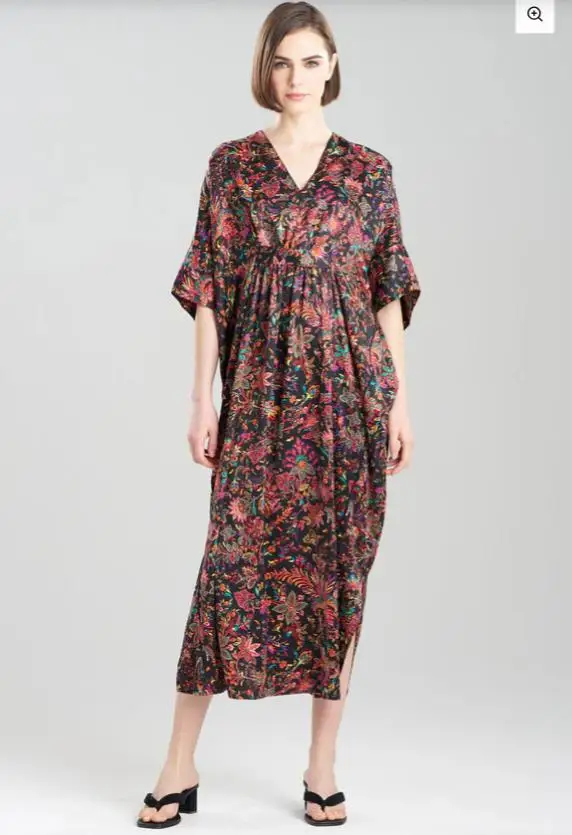 2025 Granada V- Neck Caftan Floral Print Sleeping Wear Muslim Women Loose- Weight Long Dress for Summer Short Sleeve Side Slits