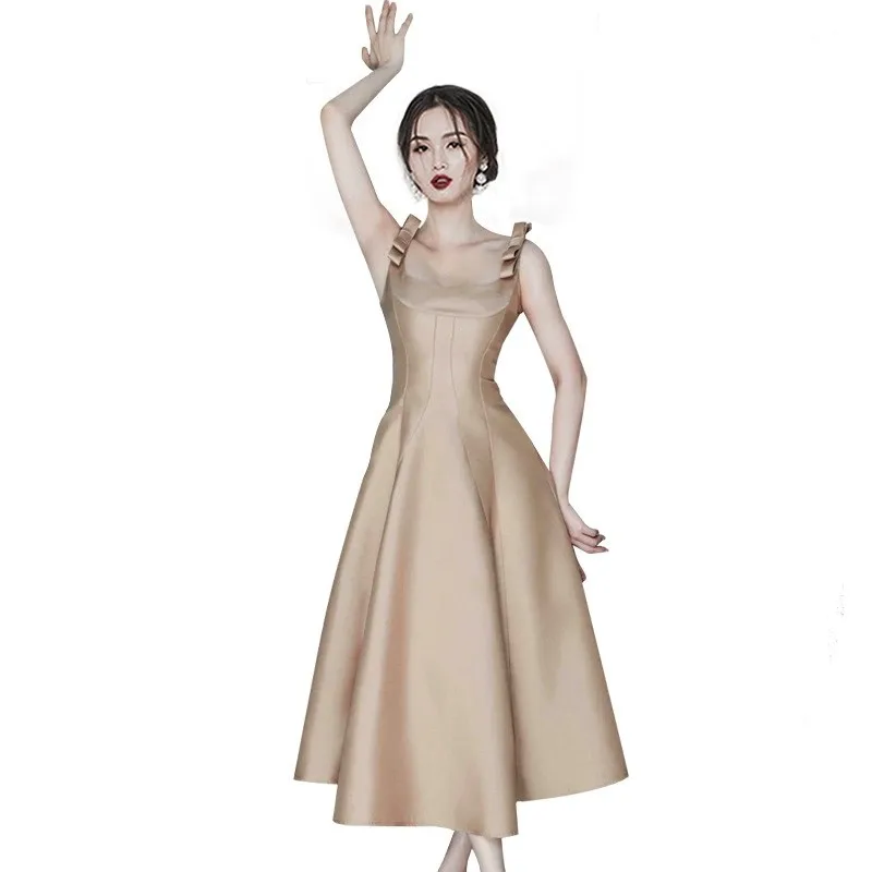 Nude Bow Strap Dress Nude Bow Strap Midlength Dress Summer Collection Banquet Birthday Party Elegant Evening Dress