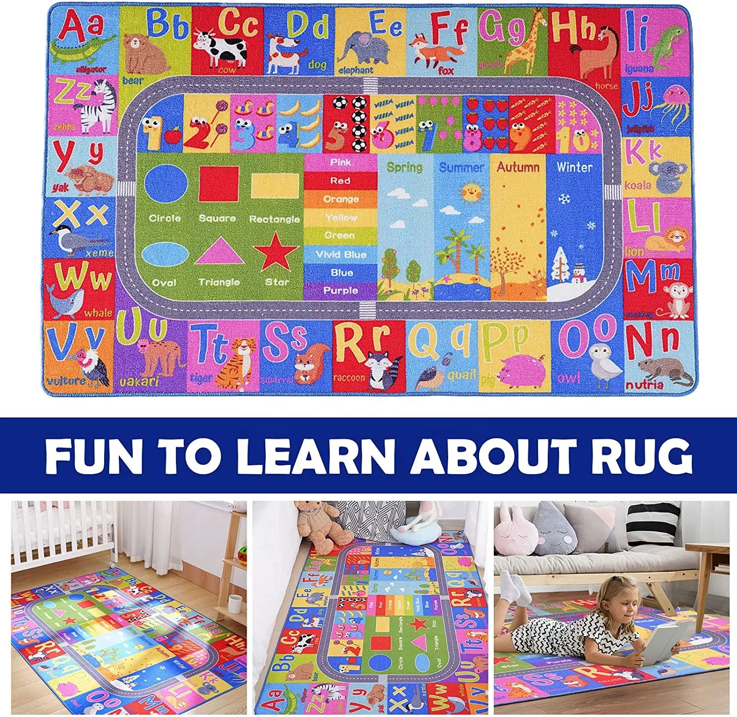 Kids Play Mat Carpet Educational and Fun Playmat ABC Alphabet Animals Shapes 4x6 Area Rug details