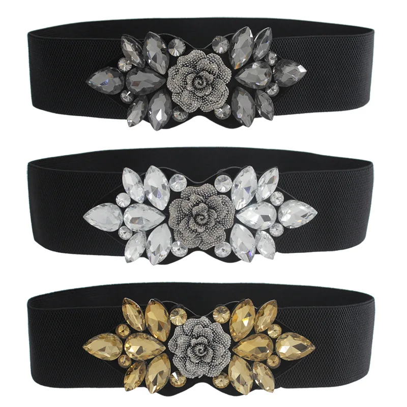 Women Floral Rhinestone Belt Sparkly Beaded Crystal Elastic Waist Wide Waistband Dress Belts for Ladies Women Floral Rhinestone Belt Sparkly Beaded Crystal Elastic Waist Wide Waistband Dress Belts for Ladies