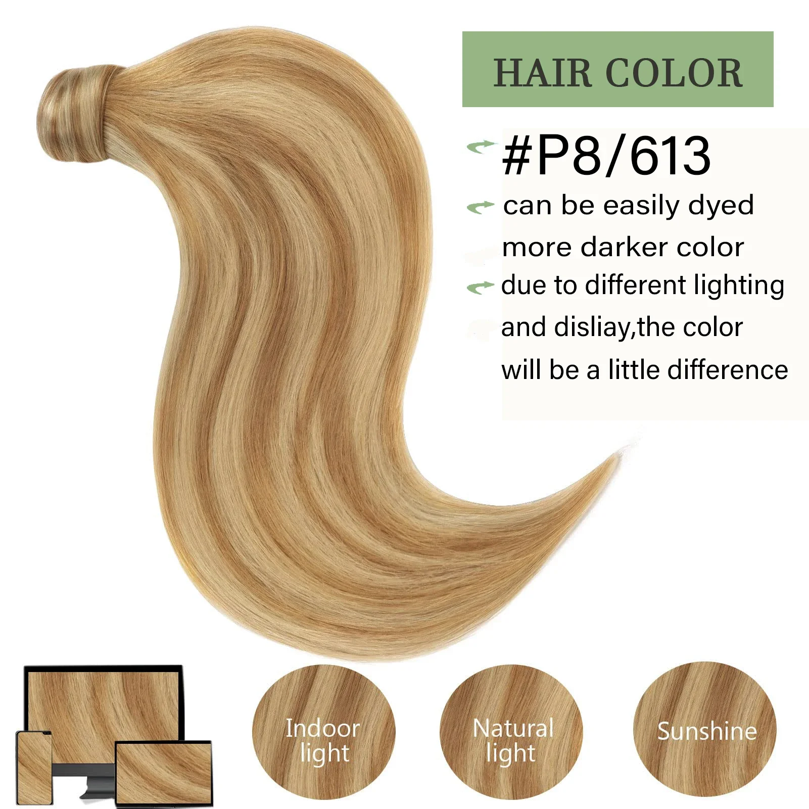 Extension per coda di cavallo con capelli umani, avvolgenti, #P8/613, con clip colorate, capelli Remy, 16-26 pollici, 1 pezzo_voghion.com