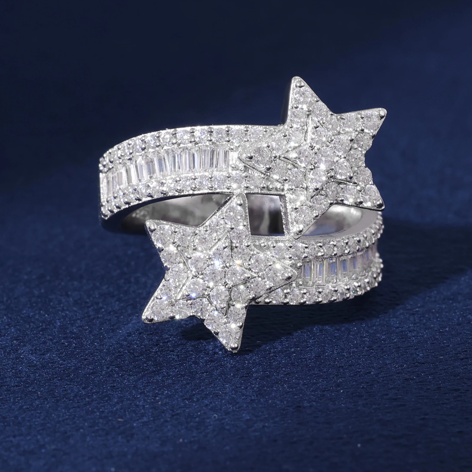 Bague étoile double épaisseur en argent massif et moissanite_voghion.com